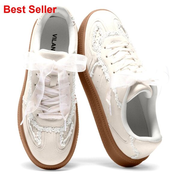 Shoes - Lace Detail Fashion Sneakers with Retro Gum Sole, Faux Leather Upper